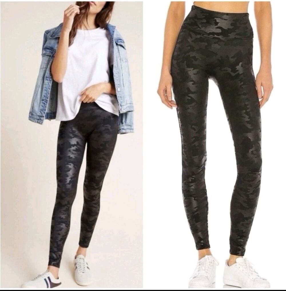 SPANX Faux Leather Legging Womens S Matte Green Camo High Rise 20185R Slimming